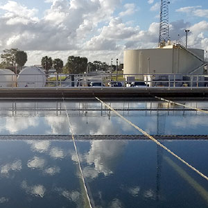 An aerial view of a drinking water treatment plant. Chlorine is used to disinfectant.